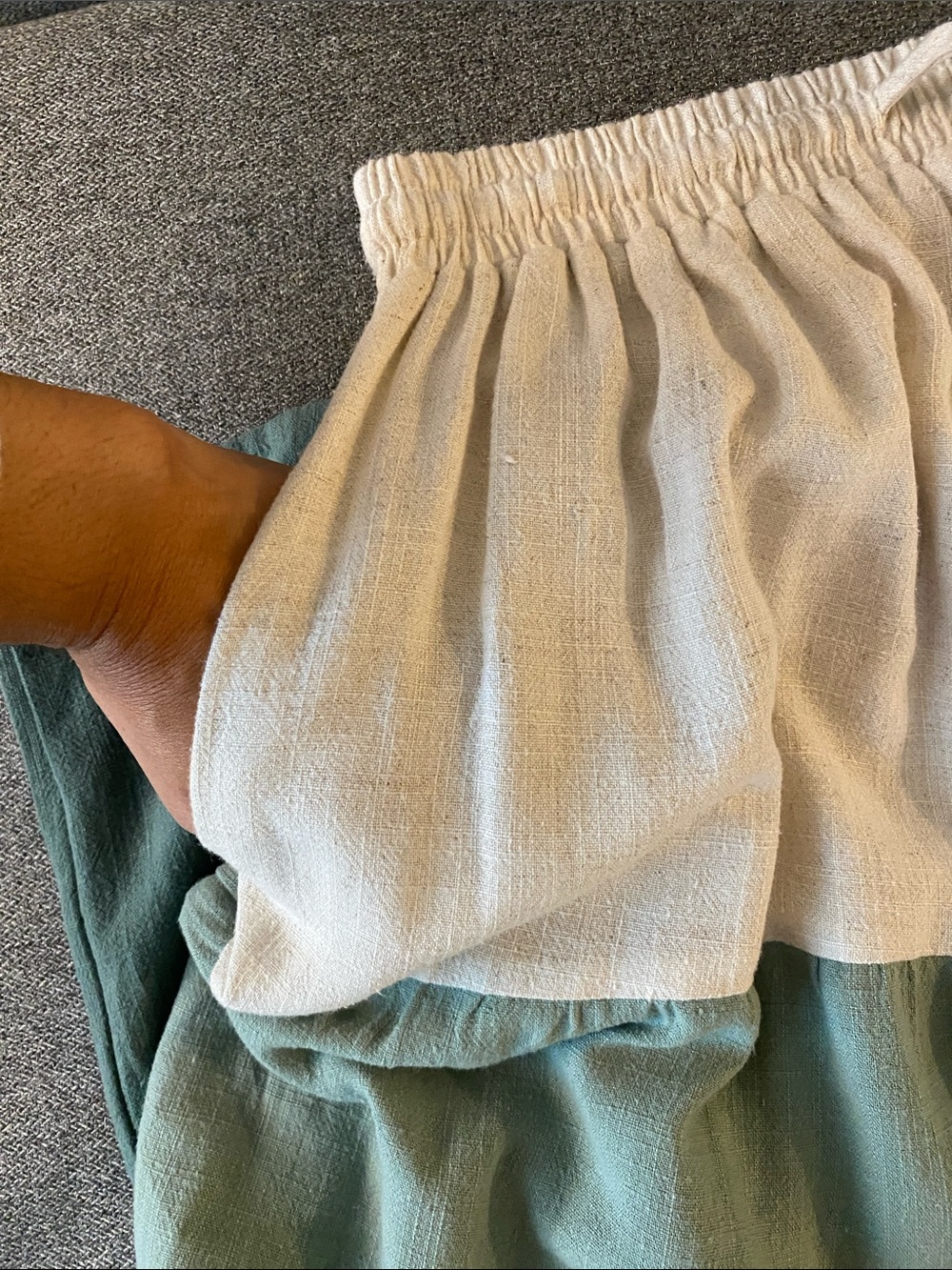 Cream & Sage Tiered Maxi Skirt w/Side Pockets Linen/Cotton Blend Size S - Picture 7 of 8